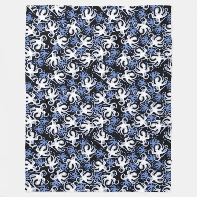 Black, White and Blue Octopus Seamless Pattern Fleece Blanket (Front)