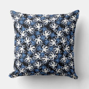 Black, White and Blue Octopus Seamless Pattern Throw Pillow