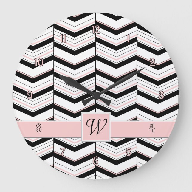 Black White and Blush Chevron Clock (Front)