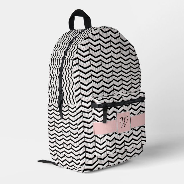 Black White and Blush Chevron Printed Backpack (Back Corner Left)