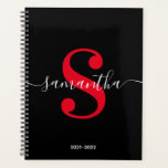 Black White and Bright Red Modern Style Monogram Planner<br><div class="desc">A personalized monogram in a white trendy style modern calligraphy paired with a bright red elegant modern font. Increase or decrease the font size as needed for your monogram. Customize the minimalist solid black background colour. Keep the school year date format, or change to suit your needs. Black, white and...</div>