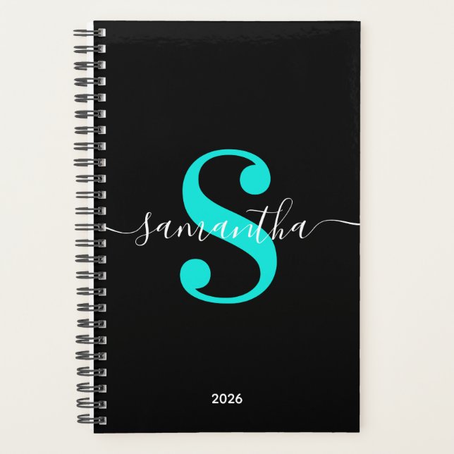 Black White and Bright Turquoise Modern Monogram Planner (Front)