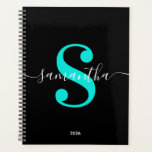 Black White and Bright Turquoise Modern Monogram Planner<br><div class="desc">A monogram in a white trendy style modern calligraphy paired with a bright turquoise modern font. Increase or decrease the font size as needed for your monogram. Customize the minimalist solid black background colour. Keep the school year date format, or change to suit your needs. Black, white and vivid turquoise...</div>