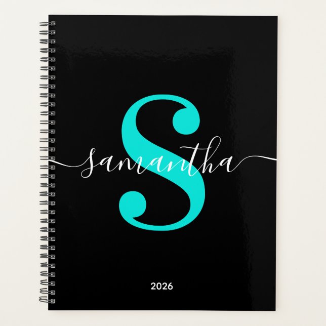 Black White and Bright Turquoise Modern Monogram Planner (Front)