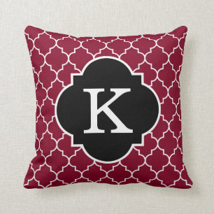 Black White and Burgundy Quatrefoil Monogram Throw Pillow