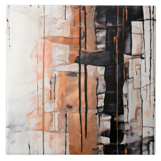 Black, White and Copper Abstract Paint Dripping Tile
