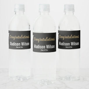 Black, White and Faux Gold Graduation Water Bottle Label