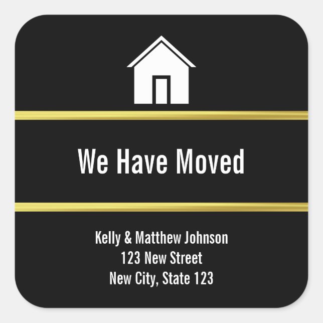 Black White and Faux Gold Moving Announcement Square Sticker (Front)