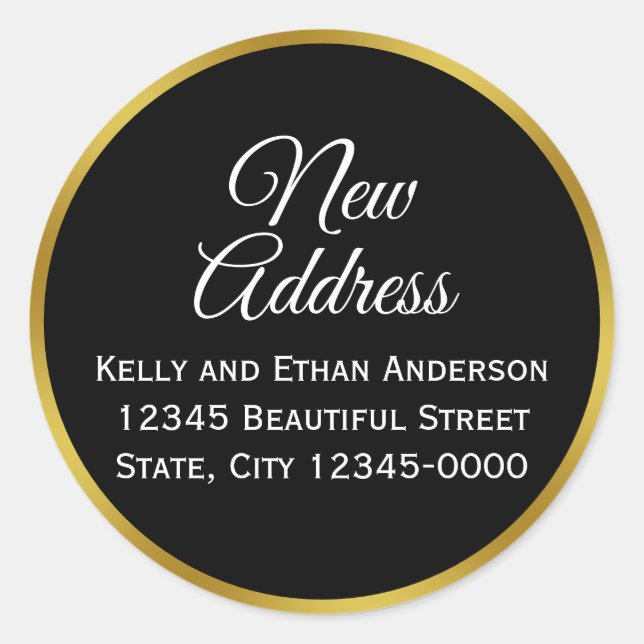 Black, White and Faux Gold New Address Classic Round Sticker (Front)