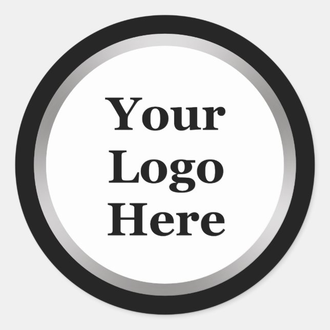 Black, White, and Faux Silver Your Logo Here Classic Round Sticker (Front)