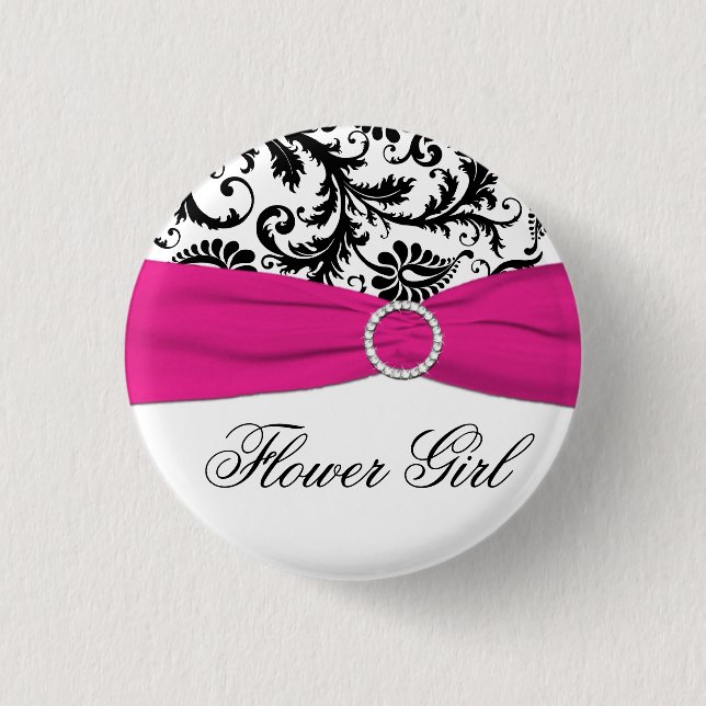 Black, White, and Fuchsia Damask Flower Girl Pin (Front)