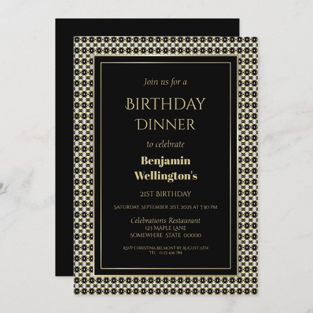 Black White and Gold 21st Birthday Dinner Invitation (Front/Back)