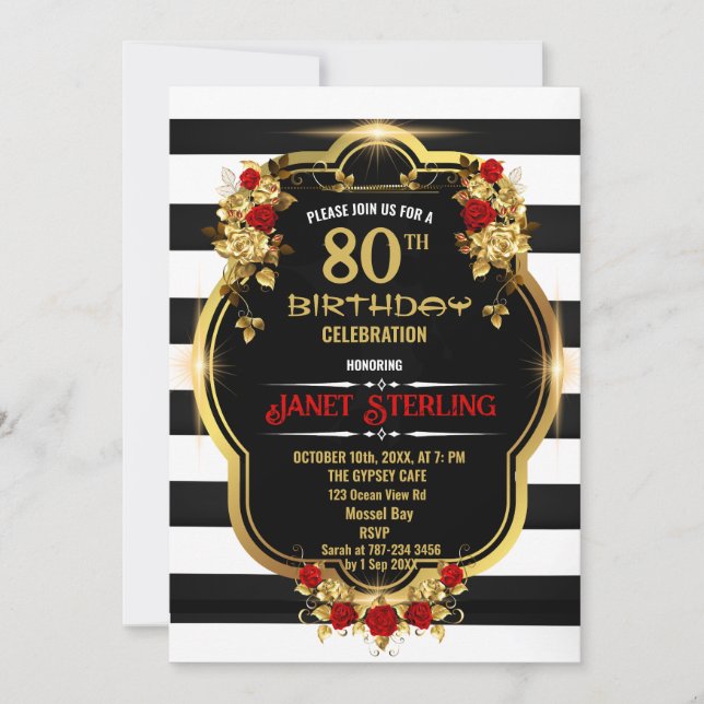 Black ,White and Gold 80th Birthday Invitation (Front)