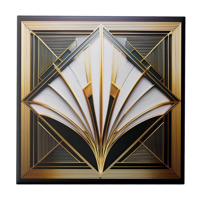 Black, White and Gold Art Deco Ceramic Tile. Tile (Front)