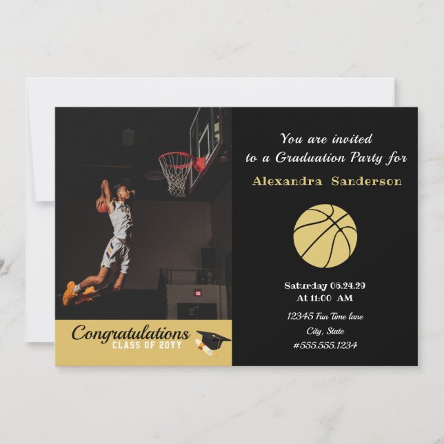 Black White and Gold Basketball graduation  Invitation (Front)