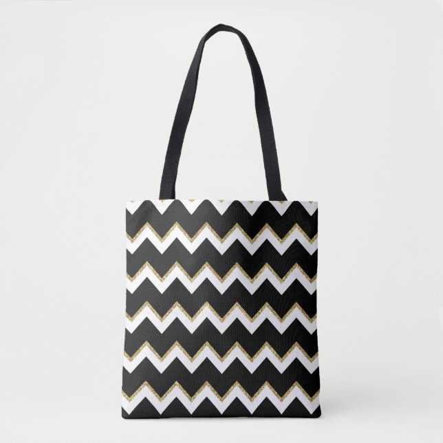 Black, White and Gold Chevron Tote Bag (Front)