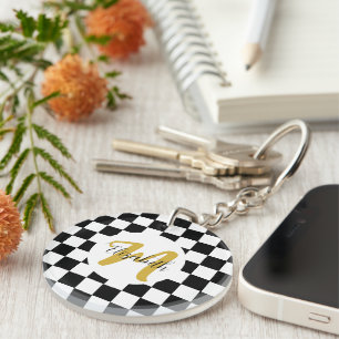 Black White and Gold Elegant Name &Monogram Keychain