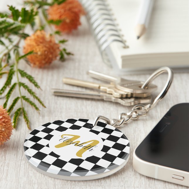 Black White and Gold Elegant Name &Monogram Keychain (Front Right)