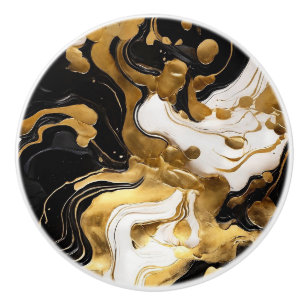 Black White and Gold Faux Marble Ceramic Knob