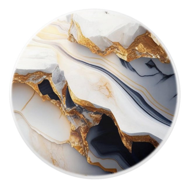 Black White and Gold Faux Marble  Ceramic Knob (Front)