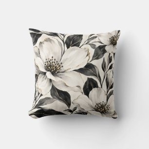 Black White and Gold Floral Pattern Throw Pillow