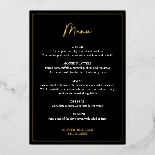 Black, White and Gold Foil Baptism Menu Card