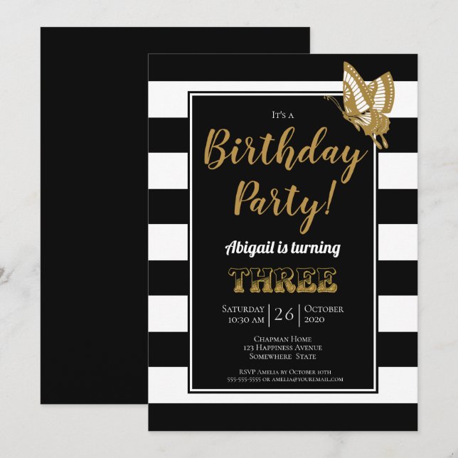 Black White and Gold Glitter 3rd Birthday Party Invitation (Front/Back)