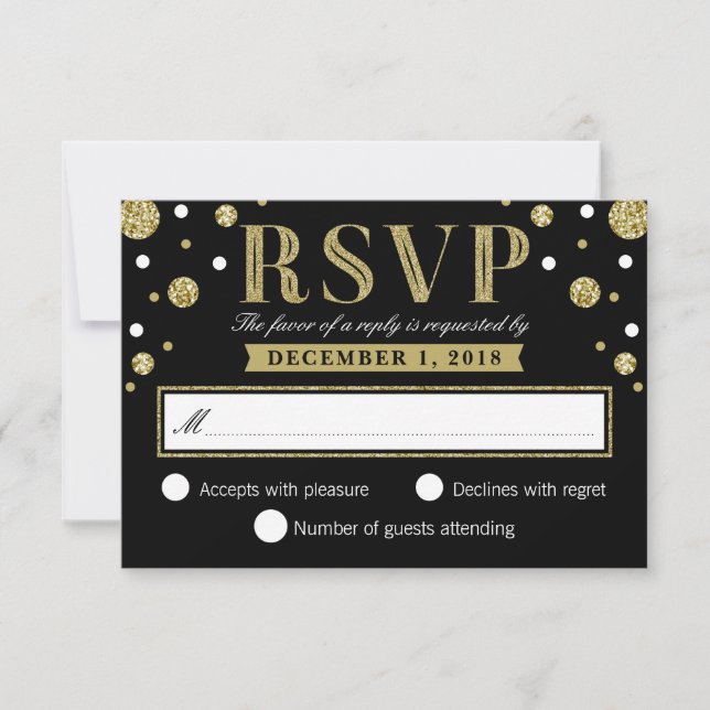 Black White and Gold Glitter Confetti RSVP Card (Front)
