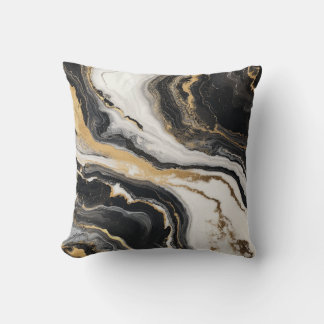 Black, White, and Gold Marble Swirl Throw Pillow
