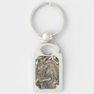 Black, White And Gold Marbled Oil Slick Abstract Keychain