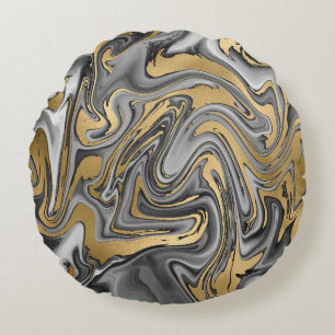 Black, White And Gold Marbled Oil Slick Abstract Round Pillow