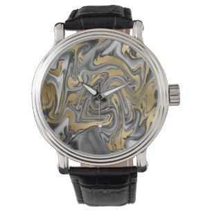 Black, White And Gold Marbled Oil Slick Abstract Watch