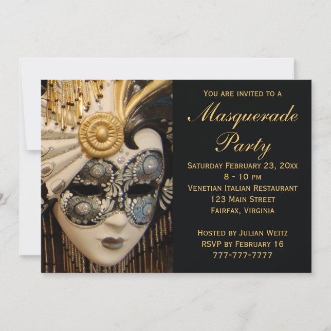 Black White and Gold Masquerade Party Invitations (Front)
