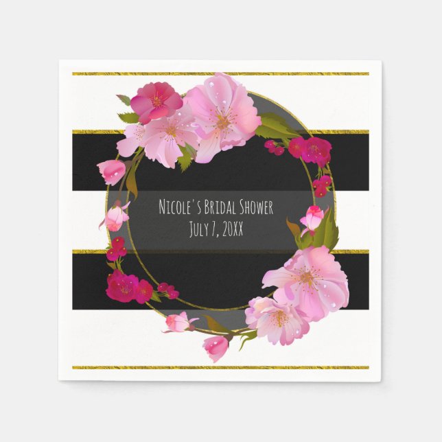 Black White and Gold Modern Floral Chic Glam Party Napkin (Front)