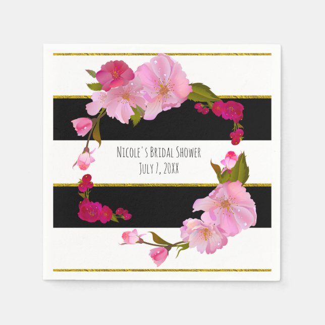 Black White and Gold Modern Floral Chic Glam Party Napkin (Front)