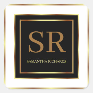 Black White And Gold Monogram Geometric Square Sticker