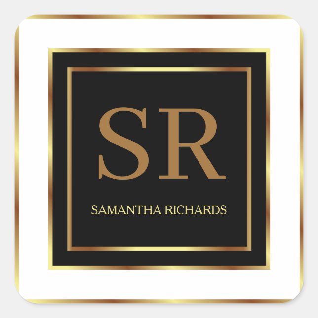 Black White And Gold Monogram Geometric Square Sticker (Front)