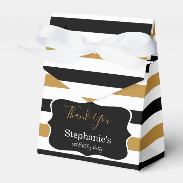 Black, White and Gold Stripes Birthday Party Favor Box (Front Side)