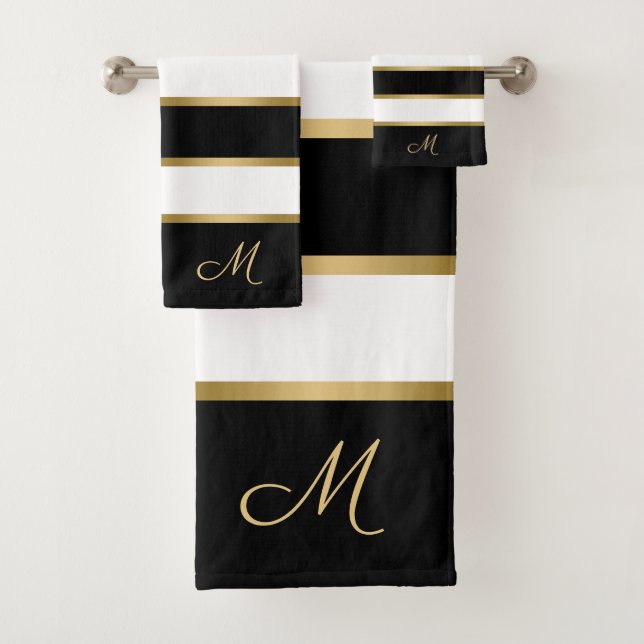 Black white and gold stripes pattern bath towel set (Insitu)