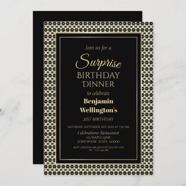 Black White and Gold Surprise 21st Birthday Dinner Invitation (Front/Back)