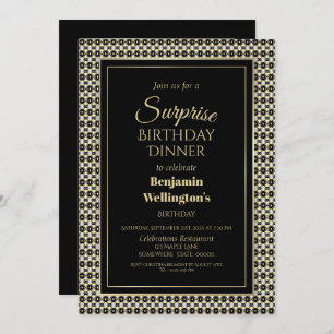 Black White and Gold Surprise Birthday Dinner Invitation