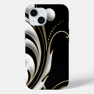 Black, White and Gold Swirl iPhone 15 Case