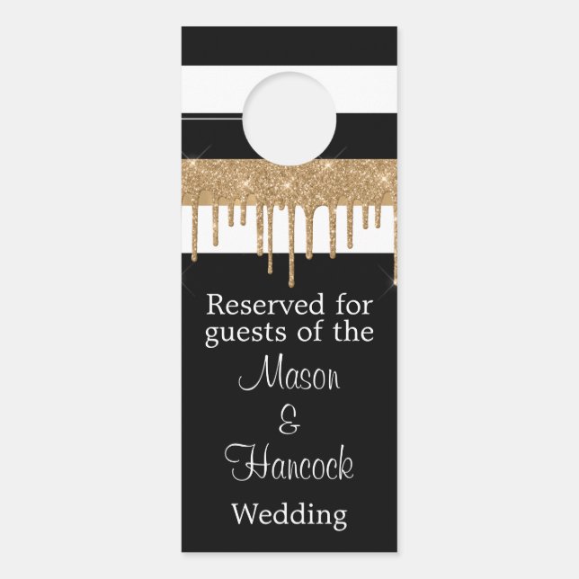 Black White and Gold Wedding Hotel Room Reserved  Door Hanger (Front)