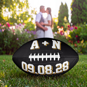 BLACK WHITE AND GOLD Wedding Initials and Date Football