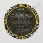 Black White and Gold Wedding Round Menu Card<br><div class="desc">Elegant black and gold wedding with a funky twist. Looks like Zebra print, this trendy Round Wedding Menu Card would look great placed on the wedding guest plates. Theme : glam, animal print, gold, glitter, geometric patterns, glam, metallic, ★ . ★ . ★ Customizable double sided 3 course menu card...</div>