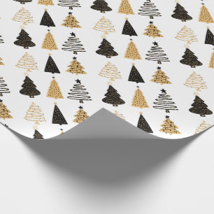 Black, White and Gold Whimsical Christmas Trees Wrapping Paper