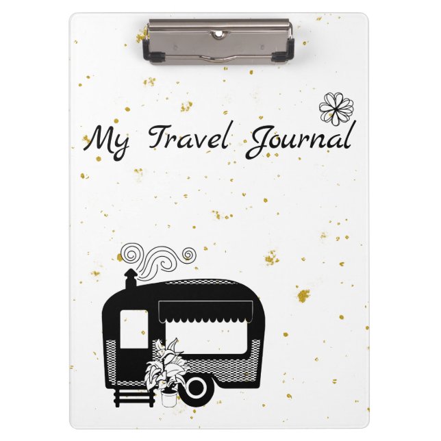 Black white and gold with an RV caravan Clipboard (Front)