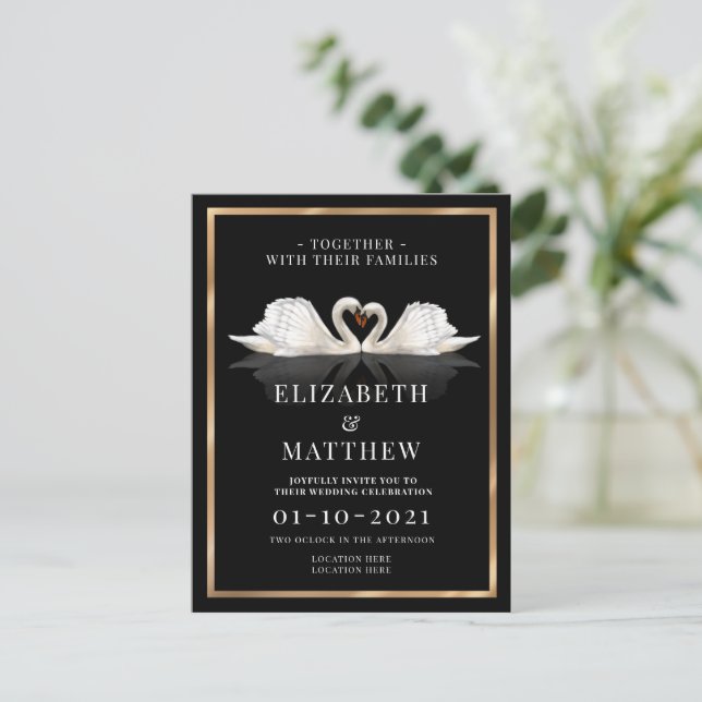 Black, White and Gold with Swans Wedding Invitation Postcard (Standing Front)