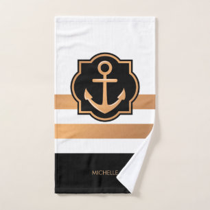Black White and Golden Stripes Bath Towel Set