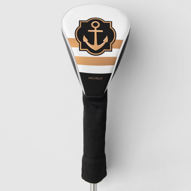 Black White and Golden Stripes Golf Head Cover (Front)